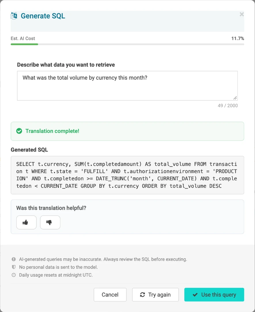 Finestra di dialogo Generare SQL