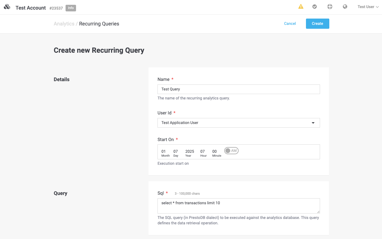 Submit Analytics recurring query